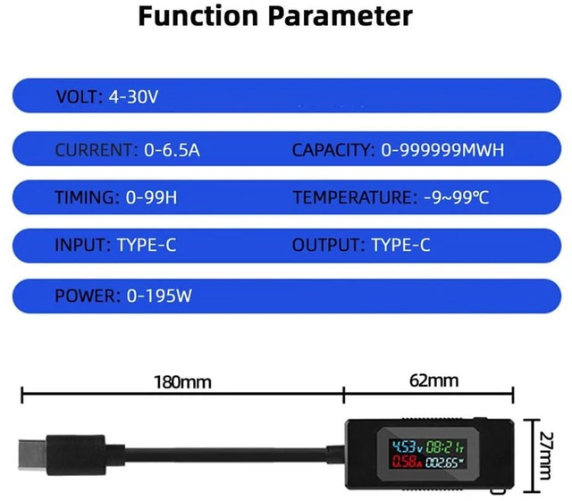 Alt view image 2 of 7 - AJMRTC USB-C Tester Charger Detector, Type-C Voltage Current Power Capacity Working Time Meter, 4-30V 0-6.5A Digital Voltmeter Ammeter Multimeter for USB Cable Charging Test