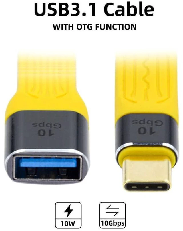 Alt view image 4 of 7 - AJMRTC Yellow USB 3.1 Type C Male Host to USB3.0 Type A Female OTG Cable, Flat Slim FPC Ribbon Cord, 10Gbps High Speed Data Sync Adapter for Laptop, Phone, Tablet, Flash Drive, External SSD, Mouse