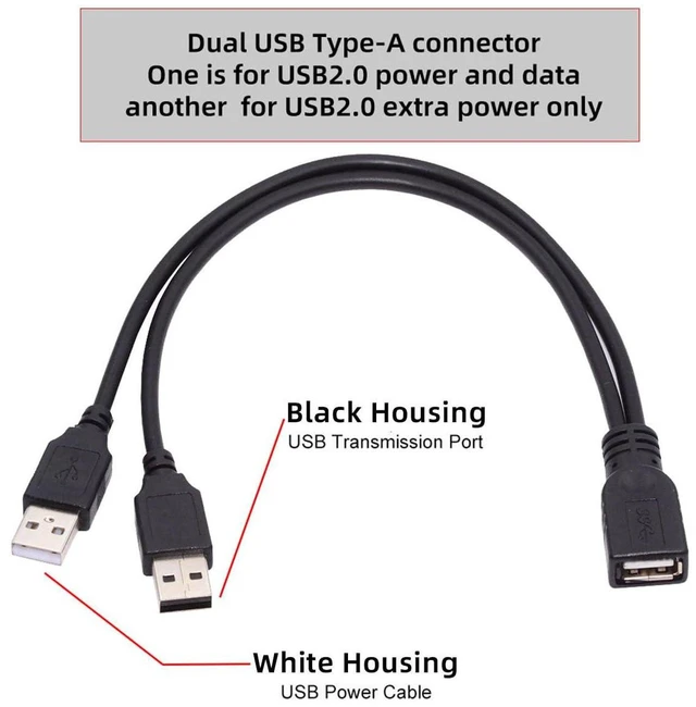 Alt view image 6 of 7 - AJMRTC 20cm Dual USB2.0 Type-A Male to Single Type-A Female Extra Power Data Cable, Dual Male USB Y Splitter Cord for Disk Drive, SSD, Printer, Scanner, External Hard Drive USB Powered Devices