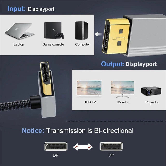 Alt view image 6 of 7 - AJMRTC 90 Degree Down Angled DisplayPort DP to DP Cable 1M, 4K@60Hz UHD Ultra HD Silver Braided Sleeve DP Cord, Gold Plated Connector for Desktop PC, Laptop, Monitor, Graphics Card, Video Audio Transm