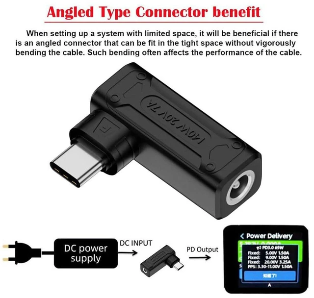 Alt view image 2 of 7 - AJMRTC DC Jack 5.5x2.5mm Input to 90 Degree Angled USB-C Power Plug Adapter, 140W Max /100W PD Charging Converter for Laptop, Smartphone, Convert DC Power Source to Type-C Charging