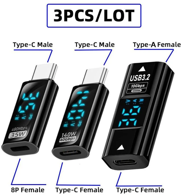 Alt view image 2 of 7 - AJMRTC 3Pcs/Lot 10Gbps USB-C Smart LED Display Tester, Type-C Female to USB Type-A 8P Adapter Detector, Current Voltage Fast Charging & Data Monitor for USB-C Power Bank, Charger, Laptop