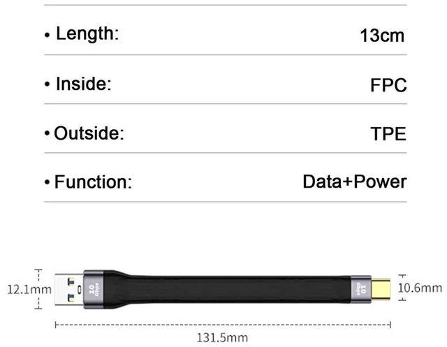 Alt view image 3 of 7 - AJMRTC 10Gbps Flat Slim FPC Data Cable, USB3.1 Type C Male Host to USB3.0 Type A Male Flexible Ribbon Cord, Low Profile Thin Wire for Laptop, Smartphone, External SSD, Flash Drive and Compact DIY