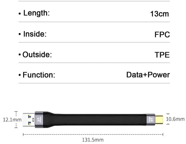 Alt view image 3 of 7 - AJMRTC 10Gbps Flat Slim FPC Ribbon Cable, USB3.1 Type C Male Host to USB3.0 Type A Male, Low Profile Flexible Data Cord for Laptop, Smartphone, External SSD, Flash Drive & Compact DIY Electronic Proje