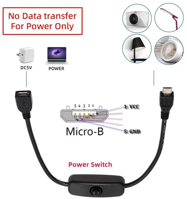Alt view image 5 of 7 - AJMRTC Micro USB 2.0 Extension Cable with On Off Power Switch Button, Micro 5Pin Male to Female DC 5V Power Cord, Inline Switch MicroUSB Cable for Desk Lamp, USB Fan, Camera, LED Strip & Low Power