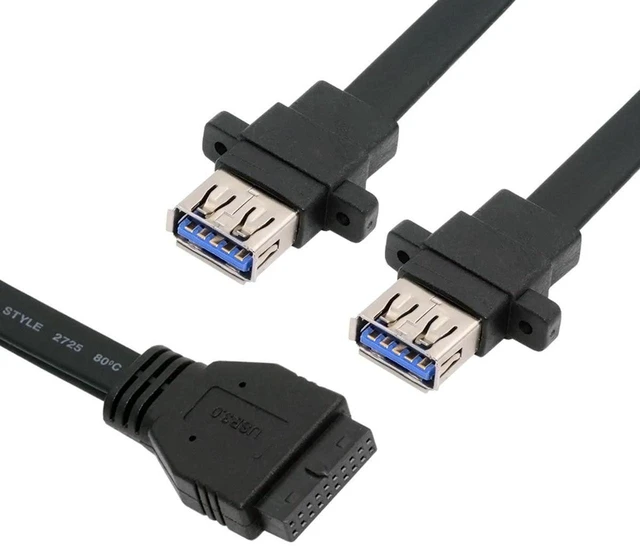 Main image of AJMRTC 50cm Ultra Flat Slim Dual Port USB 3.0 Type-A Female Panel Mount Cable, 2 USB3.0 A Female to Motherboard 20Pin 19Pin Internal Header Cord, Front Panel USB Extension Wire for PC Case Motherboard