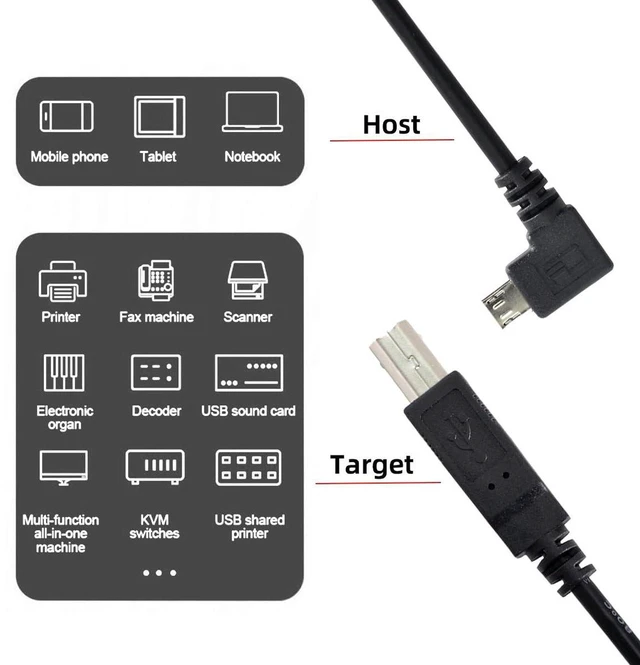 Alt view image 5 of 7 - AJMRTC 90 Degree Right Angled Micro USB Male to USB Type B Male OTG Cable 30cm, Micro OTG Cord for Printer, Scanner, SSD Disk, MIDI Keyboard and Electronic Musical Instrument