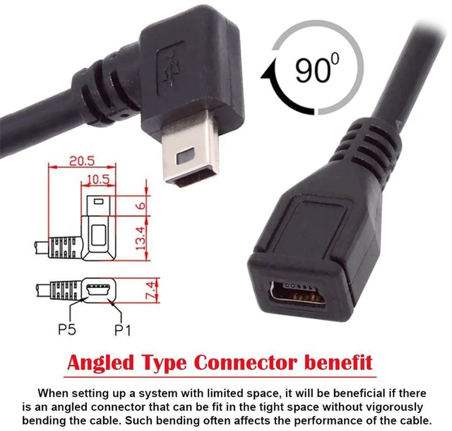 Alt view image 3 of 7 - AJMRTC 90 Degree Right Angled Mini USB 5Pin Male to Female Extension Cable 30cm, Mini USB Extender Cord for GPS Navigator, Digital Camera and Mini USB Peripherals