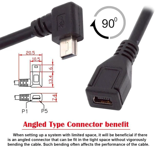 Alt view image 5 of 7 - AJMRTC 90 Degree Left Angled Mini USB 5Pin Male to Female Extension Cable 30cm, Mini USB 2.0 Extender Cord for GPS Navigator, Digital Camera and Mini USB 5Pin Devices
