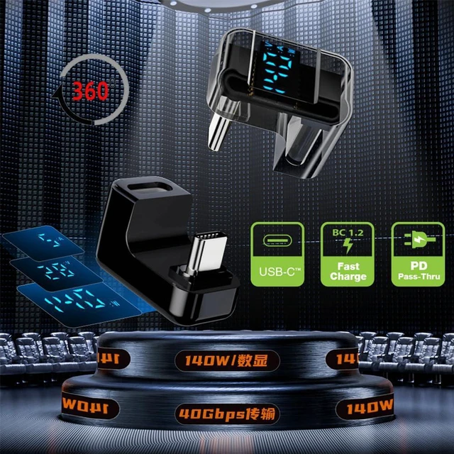 Alt view image 4 of 7 - AJMRTC 40Gbps 140W USB4 Type-C Smart LED Display Male to Female Extension Adapter, Opposite U-Shape Back Angled USB-C Extender with Real-Time Current & Voltage Monitoring
