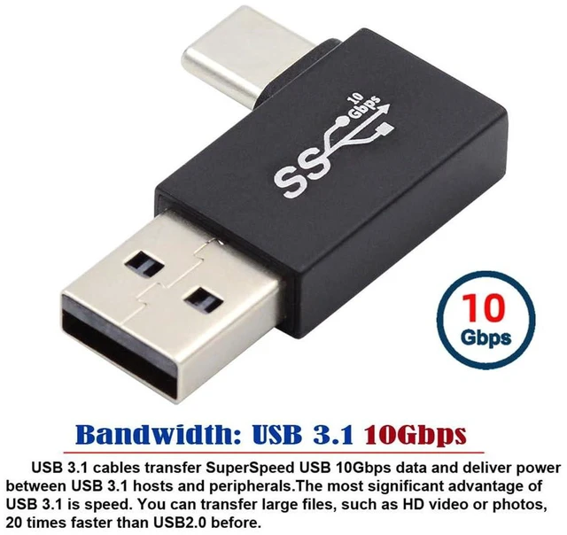 Alt view image 7 of 7 - AJMRTC 10Gbps USB3.0 Type A Male to USB 3.1 Type C Male Adapter, 90 Degree Left Angled USB A to USB-C Male Connector, 2-in-1 Data & Charging Converter for Laptops, Smartphones and USB-C Devices