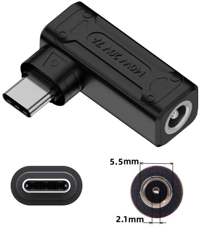 Alt view image 6 of 7 - AJMRTC DC Jack 5.5x2.1mm Input to 90 Degree Angled USB-C Type-C Power Plug Adapter, 140W Max 100W PD Charging Converter for Laptop, Smartphone, Portable Device Power Conversion