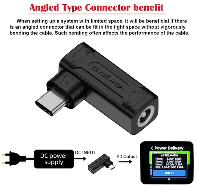 Alt view image 3 of 7 - AJMRTC DC Jack 5.5x2.1mm Input to 90 Degree Angled USB-C Type-C Power Plug Adapter, 140W Max 100W PD Charging Converter for Laptop, Smartphone, Portable Device Power Conversion