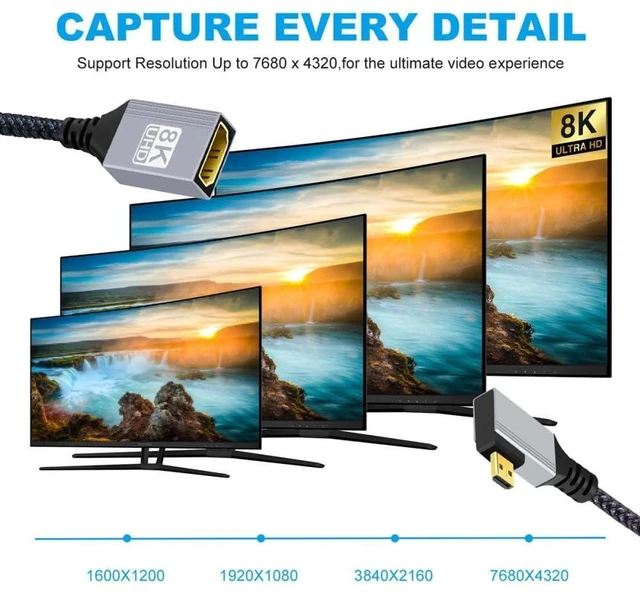 Alt view image 5 of 7 - AJMRTC 8K Micro HDMI 2.1 Type-D Male 90 Degree Left Angled to HDMI Female Extension Cable, Left Bend Micro HDMI Adapter Cord for DV Camera, Laptop, Portable Monitor, HDTV, Supports High Resolution