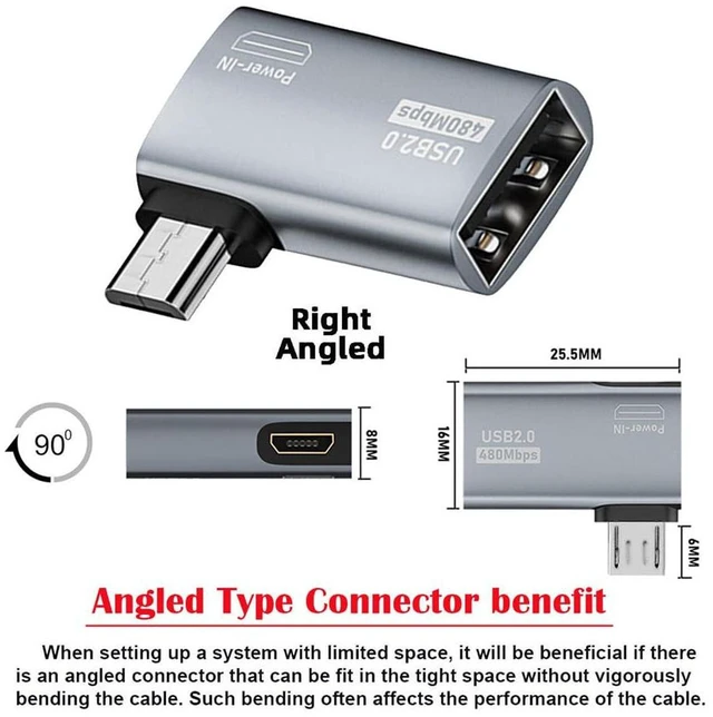 Alt view image 2 of 7 - AJMRTC 90 Degree Right Angled Micro USB 2.0 to USB Type-A Female OTG Host Adapter, Micro USB OTG Converter with Extra Micro USB Power Port for Android Phones & Tablets, Supports Peripheral Connection