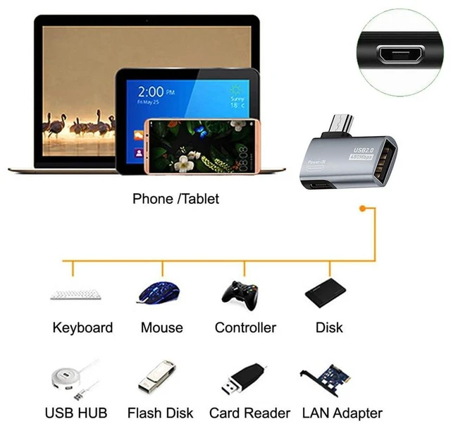 Alt view image 5 of 7 - AJMRTC 90 Degree Left Angled Micro USB 2.0 to USB Type-A Female OTG Host Adapter, Micro USB OTG Converter with Extra Micro USB Power Port for Android Phones & Tablets, Peripheral Connection & External