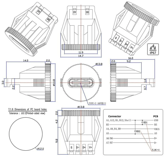 Alt view image 3 of 6 - AJMRTC 5pcs/Set Type C Female Socket Connector, 6Pin PCBA Pinout Round Latch Mount USB-C Jack, IP67 Waterproof, DC 5V/20V PD Power Input, Solderable DIY OEM Connector for Electronic Enclosure, Chargin