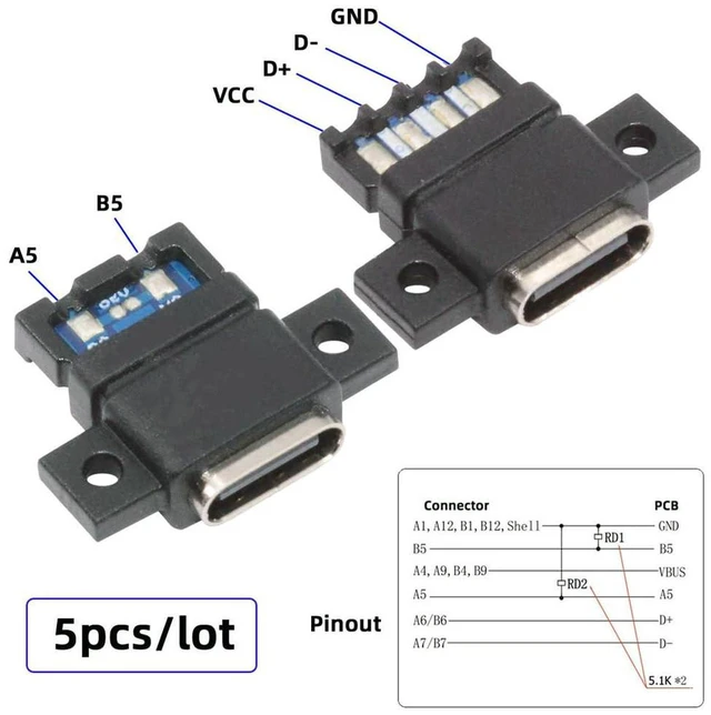 Alt view image 2 of 7 - AJMRTC 5pcs/Set DIY OEM Type C Female Socket Connector, 6Pin PCBA Pinout Flat Screw Mount USB-C Jack, DC 5V/20V PD Power Input, Solderable Receptacle for Electronic Enclosure, Charging Port Repair