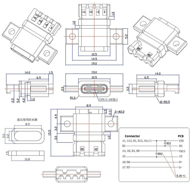 Alt view image 6 of 7 - AJMRTC 5pcs/Set DIY OEM Type C Female Socket Connector, 6Pin PCBA Pinout Flat Screw Mount USB-C Jack, DC 5V/20V PD Power Input, Solderable Receptacle for Electronic Enclosure, Charging Port Repair