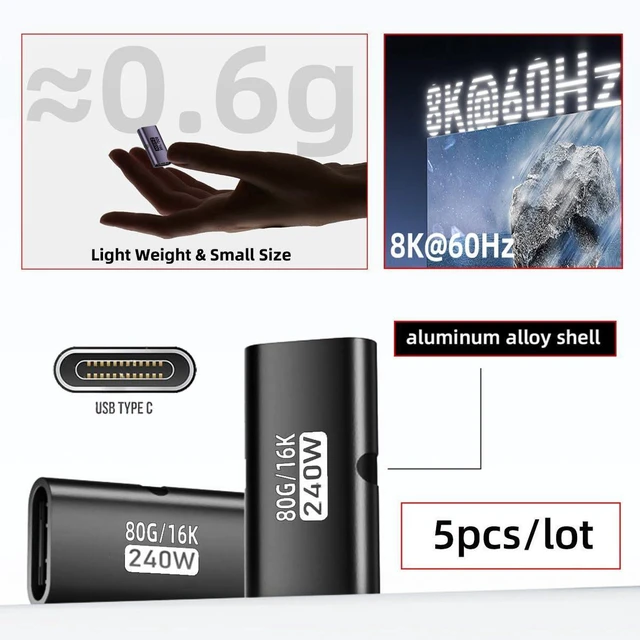 Alt view image 2 of 7 - AJMRTC 5pcs/lot USB5.0 80Gbps Female to Female Extension Coupler Adapter, 240W PD Fast Charging, 16K 8K 5K Video Output, Backward Compatible with USB4.0 Thunderbolt3/4/5 for Laptop, Docking Station