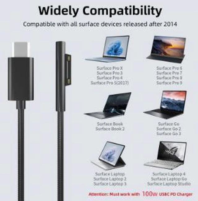 Alt view image 3 of 5 - AJMRTC 1.8M USB-C to Surface Charging Cable, 100W PD 15V/3A Power Delivery Cord, Compatible with Microsoft Surface Pro 3 4 5 6 7 8 9, Surface Go, Surface Book & Surface Laptop