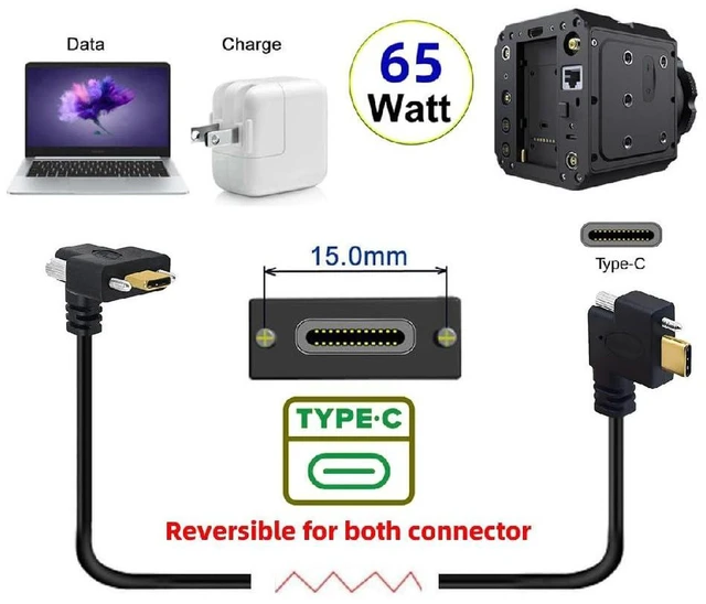 Alt view image 2 of 7 - AJMRTC 1M USB3.1 Type-C Male to Male Cable, 10Gbps, Dual Locking Thumbscrew Up-Down Angled to Single Screw, Panel Mount Industrial Data Cord for Camera & Workstation