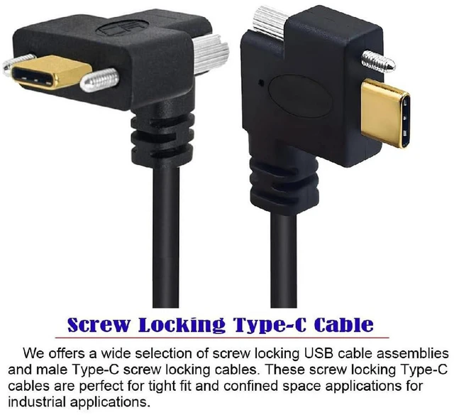 Alt view image 5 of 7 - AJMRTC 1M USB3.1 Type-C Male to Male Cable, 10Gbps, Dual Locking Thumbscrew Up-Down Angled to Single Screw, Panel Mount Industrial Data Cord for Camera & Workstation