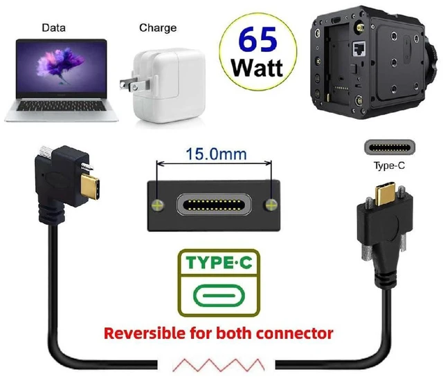 Alt view image 2 of 7 - AJMRTC 1M USB3.1 Type-C Male to Male Cable, 10Gbps, Single Horizontal Left-Right Angled Thumbscrew to Dual Locking Screw, Panel Mount Industrial Cord for Machine Vision & Industrial Cameras