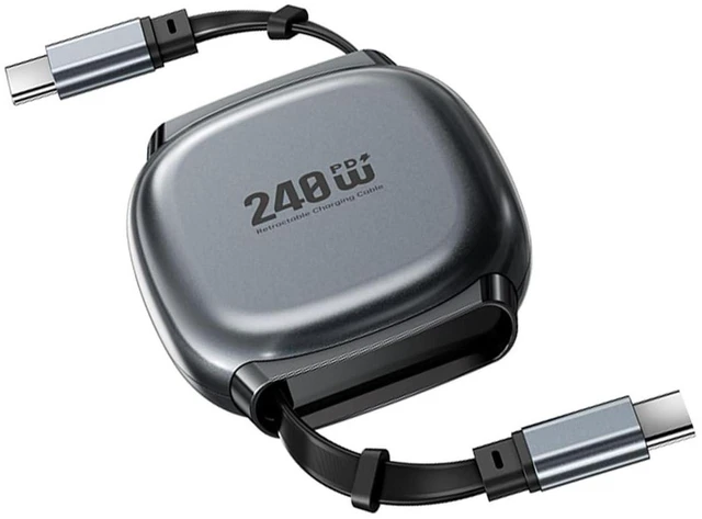 Main image of AJMRTC Black Retractable Stretch Coiled USB-C to C Cable,140W PD Fast Charging,480Mbps Data Transfer Stretchable Type-C Male to Male Cord for Laptops,Phones and Tablets