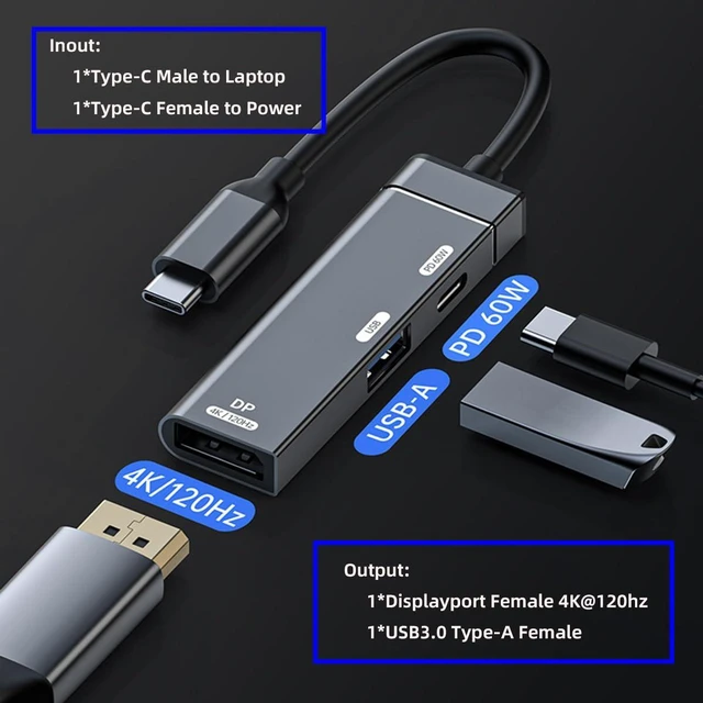 Alt view image 3 of 7 - AJMRTC 3-in-1 USB C Hub Multiport Adapter, USB-C to DisplayPort 4K@120Hz, USB 3.0 10Gbps Data Port, USB-C PD 60W Fast Charging Dock for Laptops, Tablets and USB-C Devices