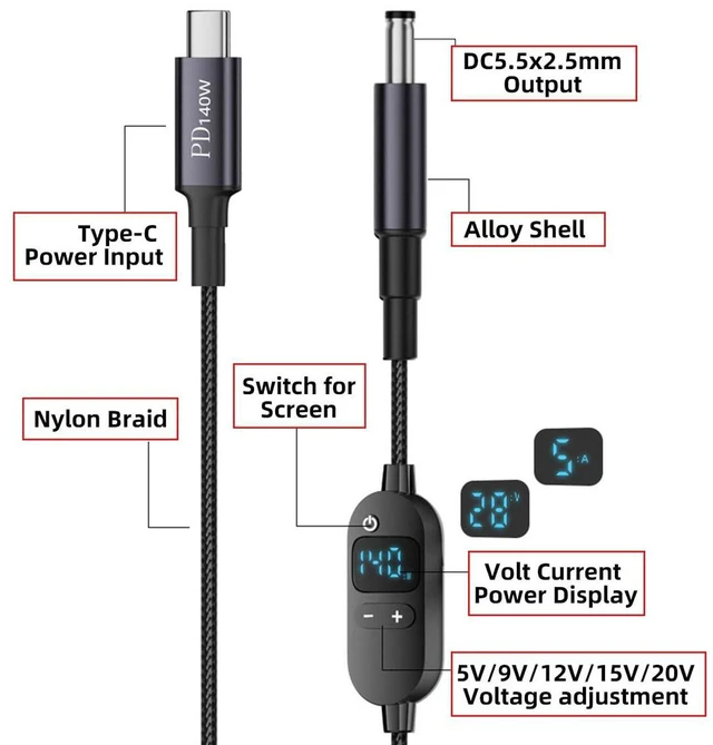 Alt view image 3 of 7 - AJMRTC USB-C Input to DC 5.5*2.5mm PD Power Trigger Cable with Smart LED Display, Adjustable 20V/15V/12V/9V/5V Output, Support 65W/100W/140W PD Charging Converter Cord for Laptops with 5.5×2.5mm DC