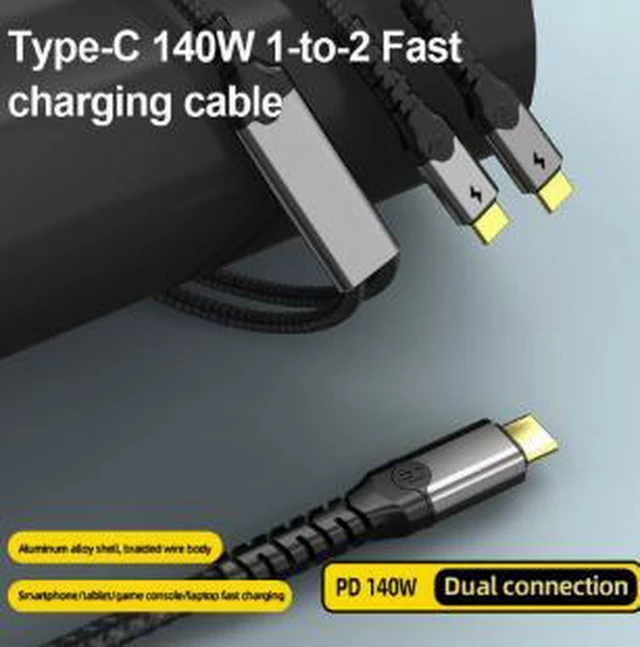 Alt view image 3 of 4 - AJMRTC 1.5M USB-C Multi-Function Hub Cable, 140W PD Fast Charging Cord with Dual USB-C Ports, Supports 60W Charging for Laptops, Tablets, Smartphones, USB-C Hubs and Multi-Device Workstation Setups