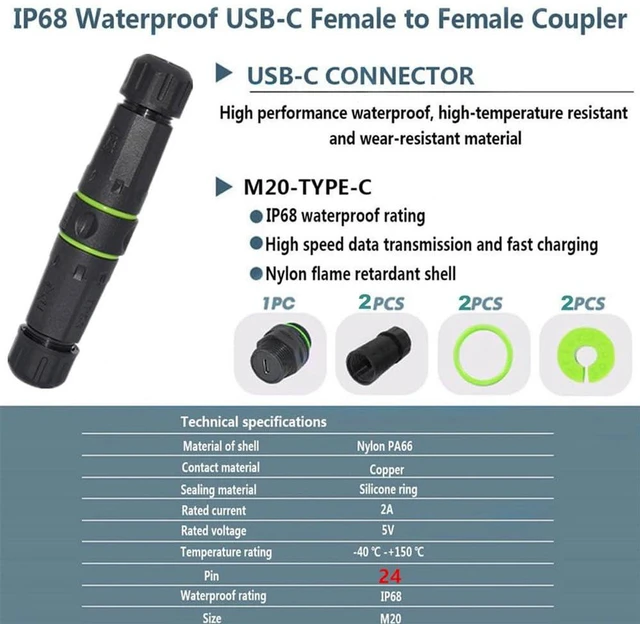 Alt view image 3 of 7 - AJMRTC IP68 Waterproof M20 Locking Type-C Coupler, USB3.1 Gen2 10Gbps USB-C Female to Female Extension Adapter, Panel Mount Bulkhead Pass Through Connector for Outdoor Industrial Equipment Charging