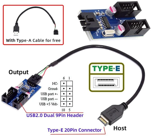 Alt view image 3 of 7 - AJMRTC USB 3.1 Front Panel Type-E Header to 4pin IDC Housing, USB Type-A Male 1 to 2 Female Hub Adapter, Motherboard 9pin Header Internal USB Port Multiplier Cable for PC Case Front Panel Expansion