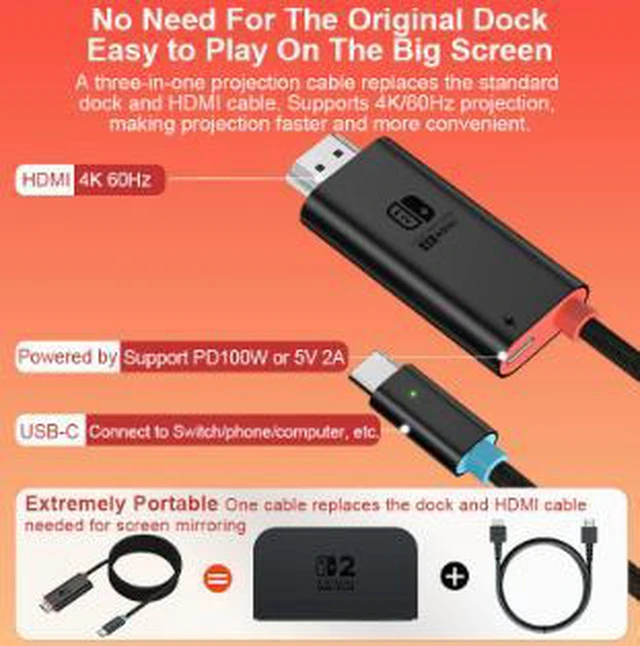 Alt view image 3 of 4 - AJMRTC 2M USB-C to HDMI Cable, 4K@60Hz UHD Video Cord, Aluminum Alloy Shell, Type-C to HDMI Adapter Cable for Laptop, Tablet, Smartphone, Nintendo Switch 2 Display Connection