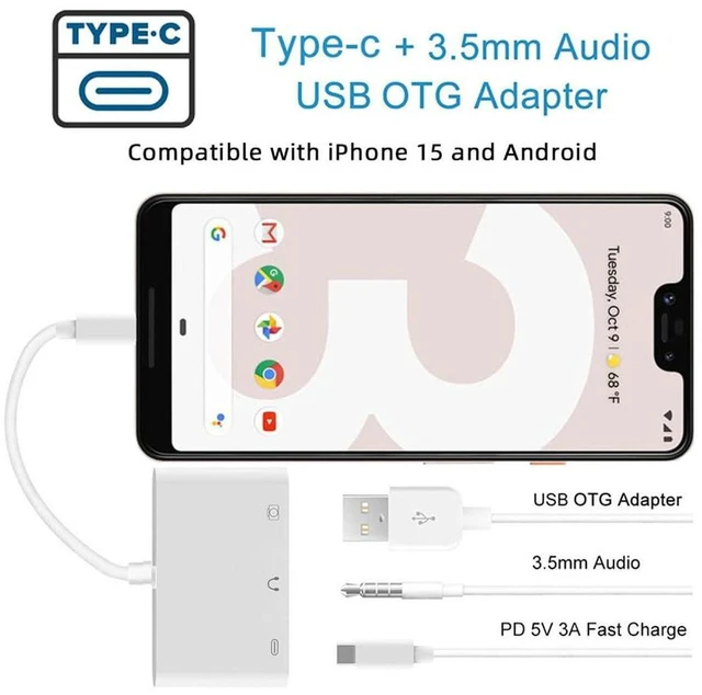 Alt view image 3 of 7 - AJMRTC USB-C Male to USB2.0 3.5mm AUX Audio & USB-A OTG Female Adapter, 5Gbps Type-C Dongle with PD Charging Port, Multiport Converter for Laptop, Tablet, Smartphone