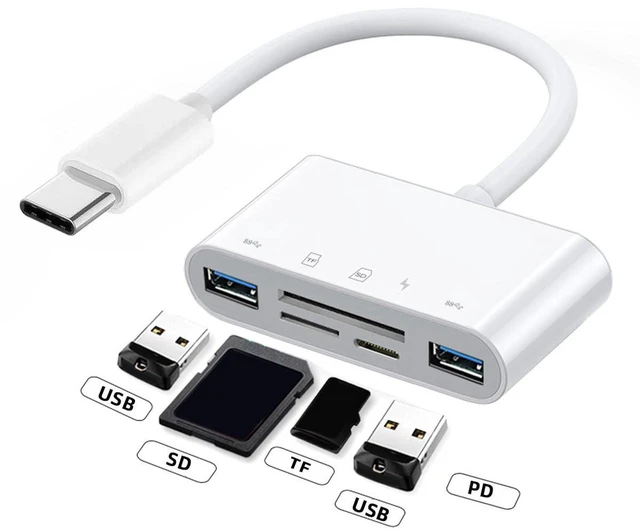 Alt view image 2 of 7 - AJMRTC 5-in-1 USB-C Multiport Card Reader Adapter, USB2.0 Type-C to TF Micro SD SDXC, Dual USB3.0 Female Ports with 27W PD Charging, OTG Converter for Laptop, Tablet, Smartphone