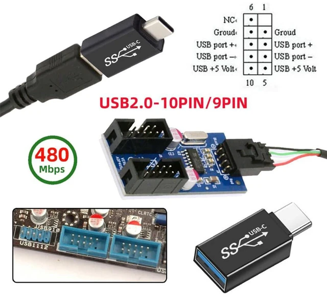 Alt view image 4 of 7 - AJMRTC USB 3.1 to 9Pin 10Pin Motherboard Header HUB, USB-C to USB2.0 Type-A Male 1 to 2 Female Internal Port Multiplier, Desktop PC Internal USB Header Splitter Adapter