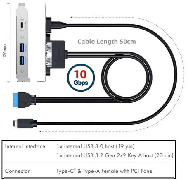 Alt view image 6 of 7 - AJMRTC PCI-E Back Panel Cable, 10Gbps Type-E & 5Gbps USB3.0 19/20Pin Motherboard Header to USB-C + USB3.0 Type-A Dual Female Ports, Desktop PC Rear PCI Slot USB Expansion Bracket