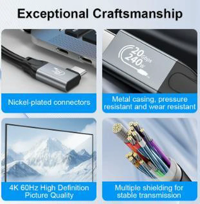 Alt view image 5 of 5 - AJMRTC 10FT(3M) Right Angle USB 3.2 Gen2x2 Full-Function Type-C Cable, 20Gbps Data Transfer, 240W PD Fast Charging, 4K@60Hz Video Output Cord for Laptop, External SSD, Monitor & USB-C Devices