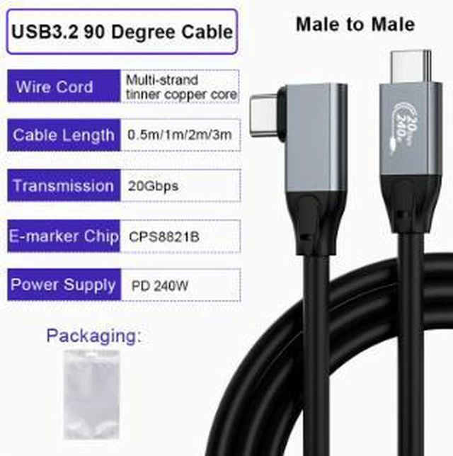 Alt view image 3 of 5 - AJMRTC 10FT(3M) Right Angle USB 3.2 Gen2x2 Full-Function Type-C Cable, 20Gbps Data Transfer, 240W PD Fast Charging, 4K@60Hz Video Output Cord for Laptop, External SSD, Monitor & USB-C Devices