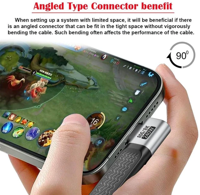 Alt view image 6 of 7 - AJMRTC 13cm Dual Right Angled Flat Slim FPC USB5.0 Type-C Male to Male Cable, 80Gbps Bandwidth, 240W PD Fast Charging, 16K@30Hz,8K/5K@60Hz Video Cord, Backward Compatible with USB4.0, Thunderbolt 3/4/