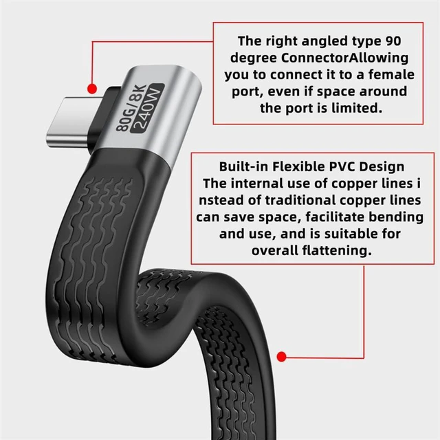 Alt view image 7 of 7 - AJMRTC 13cm Dual Right Angled Flat Slim FPC USB5.0 Type-C Male to Male Cable, 80Gbps Bandwidth, 240W PD Fast Charging, 16K@30Hz,8K/5K@60Hz Video Cord, Backward Compatible with USB4.0, Thunderbolt 3/4/
