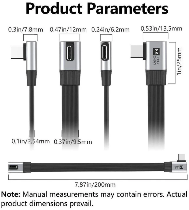Alt view image 3 of 7 - AJMRTC 20cm Low Profile to Right Angled Flat Slim FPC USB5.0 Male to Male Extension Cable, 80Gbps Bandwidth,240W PD Fast Charging,16K@30Hz,8K@60Hz,5K@60Hz Video Cord,Compatible with 40Gbps USB4.0