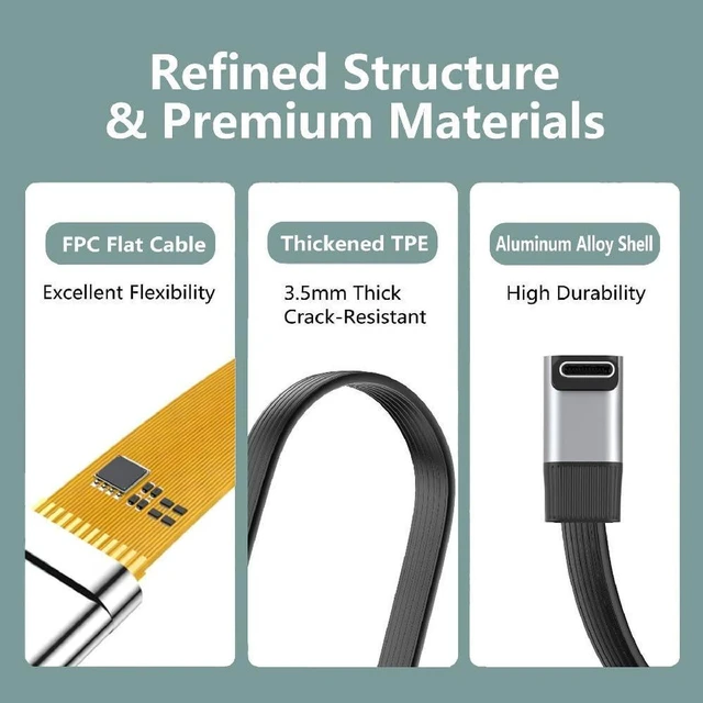 Alt view image 4 of 7 - AJMRTC 20cm USB5.0 Flat Slim FPC Male to Male Extension Cable, 80Gbps,240W PD,16K@30Hz,8K/5K@60Hz, Up to Right 90° Angled, Compatible with USB4.0 Thunderbolt3/4/5 for Docking, SSD & Laptop