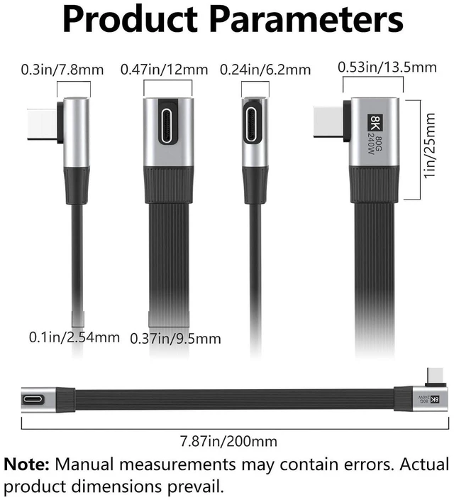 Alt view image 5 of 7 - AJMRTC 20cm Low Profile to Right Angled Flat Slim FPC USB5.0 Cable, 80Gbps,240W PD,16K@30Hz,8K/5K@60Hz, Compatible with USB4.0 Thunderbolt3/4/5 for Laptop, SSD & Docking Station