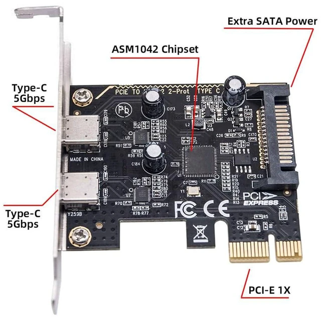 Alt view image 7 of 7 - AJMRTC 5Gbps USB3.1 Gen1 PCIe 1x Expansion Card, ASM1042 Chip Dual Type-C Female Ports PCI Express 1x Adapter with Low Profile Bracket for Desktop PC USB-C Port Upgrade