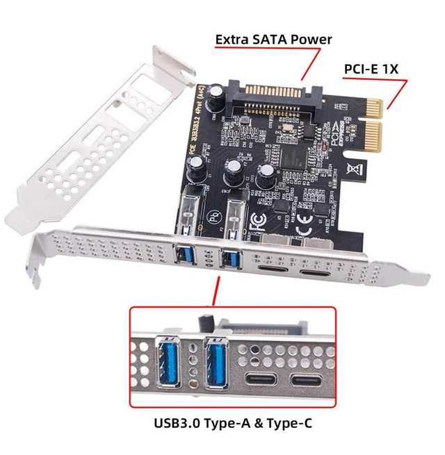 Alt view image 4 of 7 - AJMRTC 5Gbps USB3.1 Gen1 PCIe 1x Expansion Card, Dual Type-A & Type-C Female Ports PCI Express 1x Adapter with Low Profile Bracket for Desktop PC USB Port Upgrade