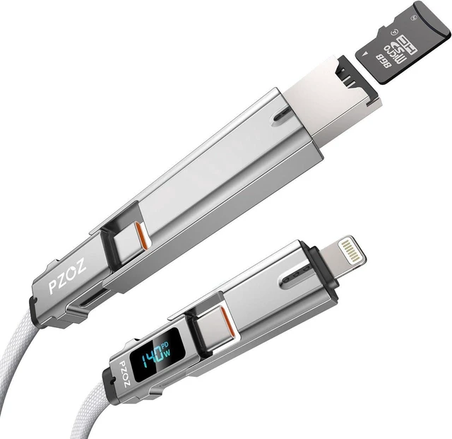 Main image of AJMRTC 5-in-1 OTG Cable 5FT, 140W Fast Charging with LED Power Display & Micro SD TF Card Reader, Multi Combo Cord Lightning/Type-C/USB-A OTG for iPhone, iPad, MacBook, AirPods Pro, Samsung