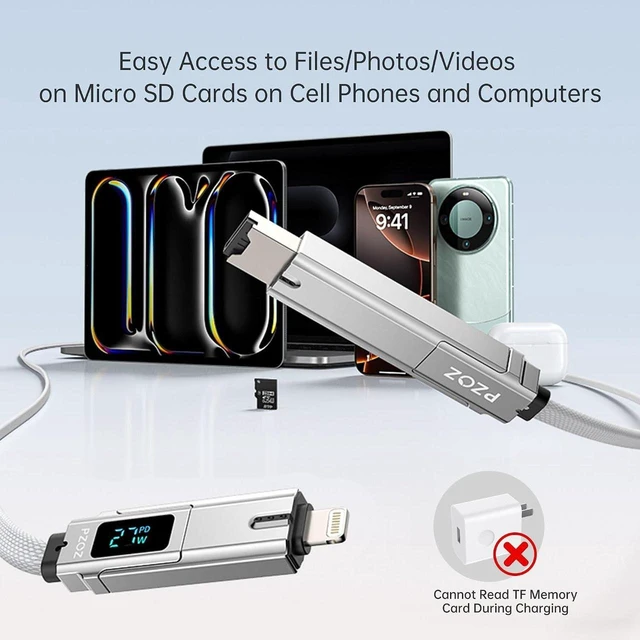 Alt view image 4 of 6 - AJMRTC 5-in-1 OTG Cable 5FT, 140W Fast Charging with LED Power Display & Micro SD TF Card Reader, Multi Combo Cord Lightning/Type-C/USB-A OTG for iPhone, iPad, MacBook, AirPods Pro, Samsung